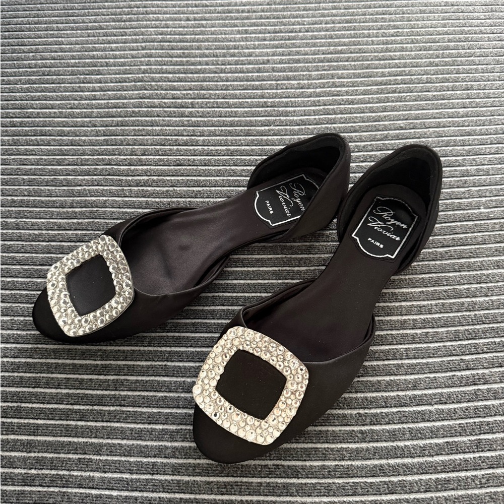 Elegant Black Satin Flats with Rhinestone Buckle